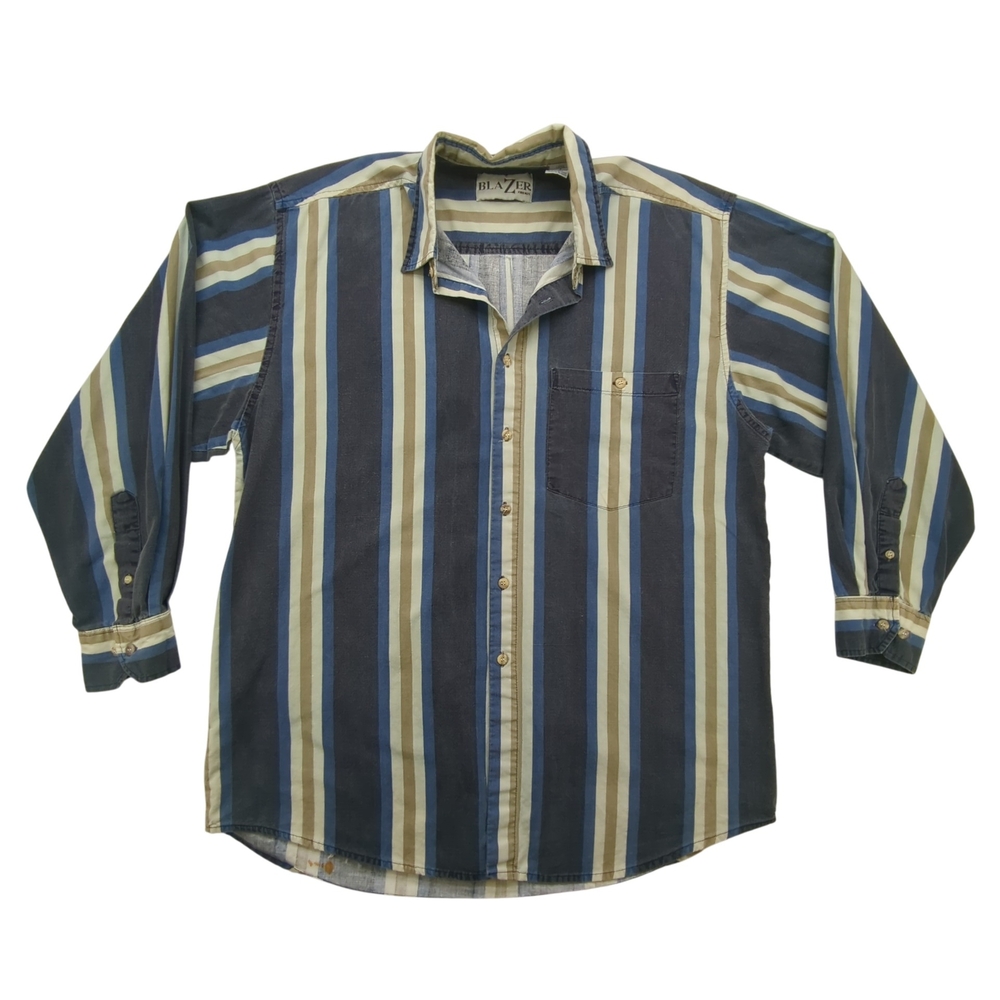 Blazer Shirt Mens Large Striped Long Sleeve Button Up Casual Pocket 90s Retro